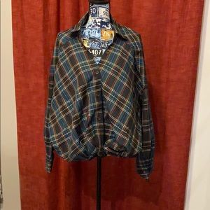 Drop Shoulder Curved Hem Tartan Oversize Blouse